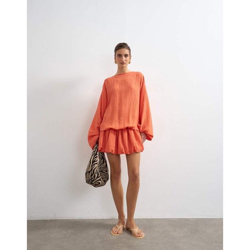 Topshop long sleeve blouson mini dress in bright coral-Yellow
