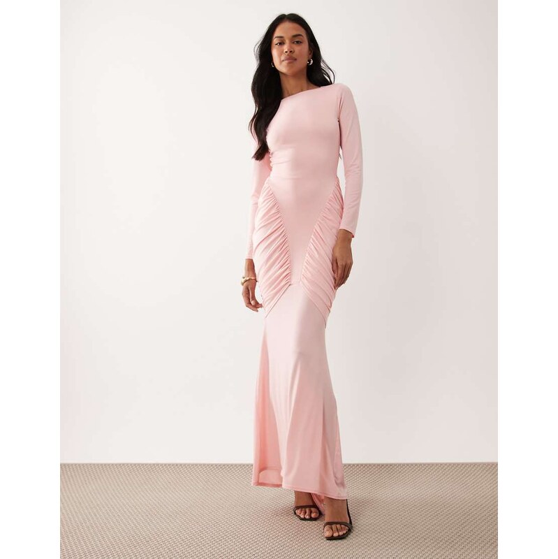TFNC slinky ruched detail long sleeve maxi dress in light pink