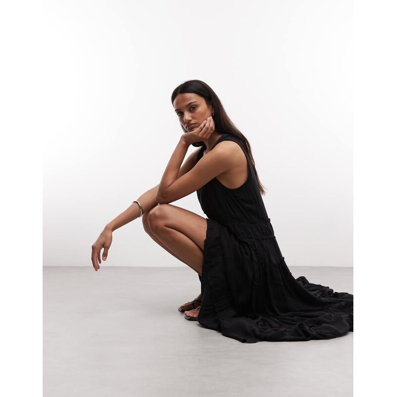AllSaints Dorina sleeveless ruched asymmetic ruffle midi dress in black