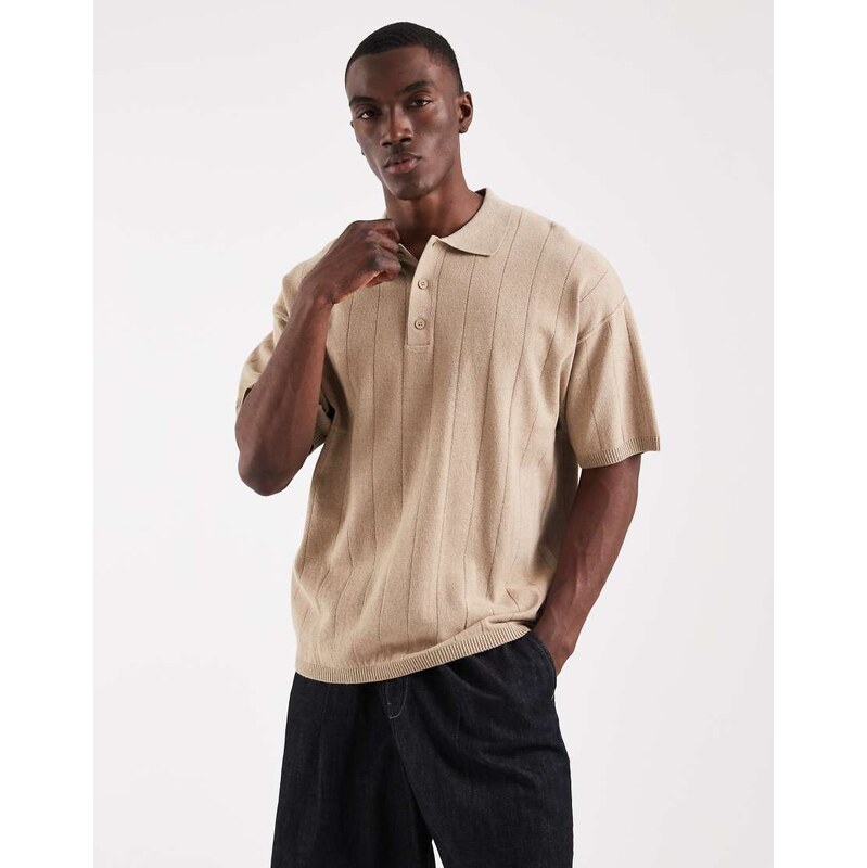 JJ Rebel knitted ribbed polo in beige-Navy