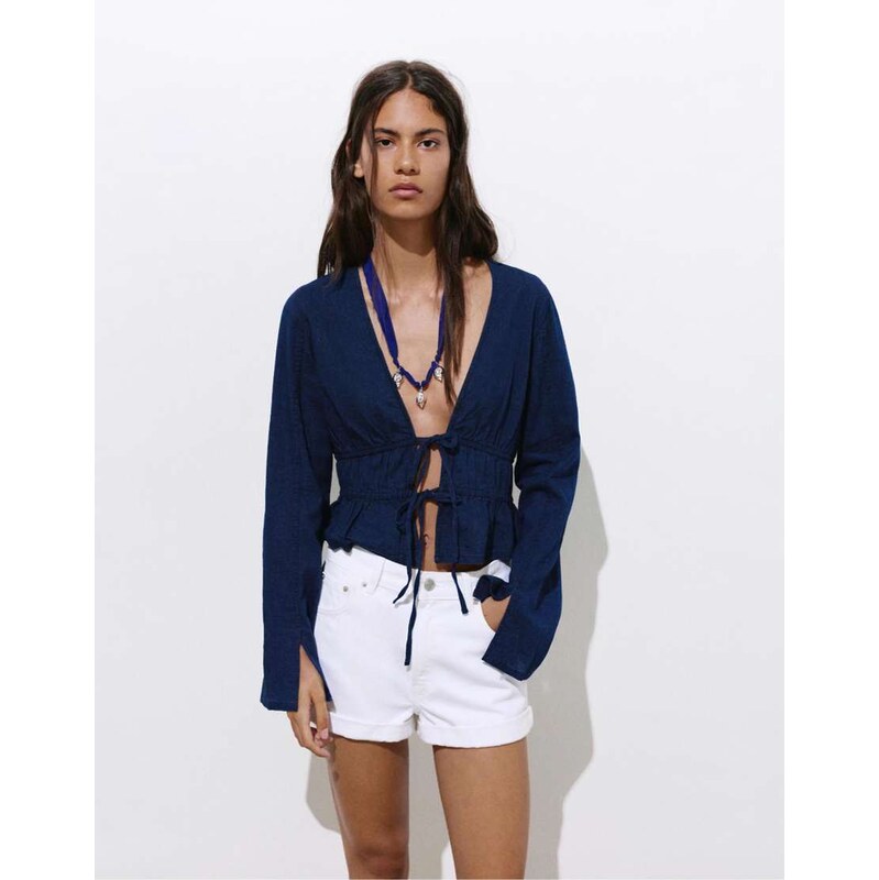 Pull&Bear Denim blouse with ties in dark blue