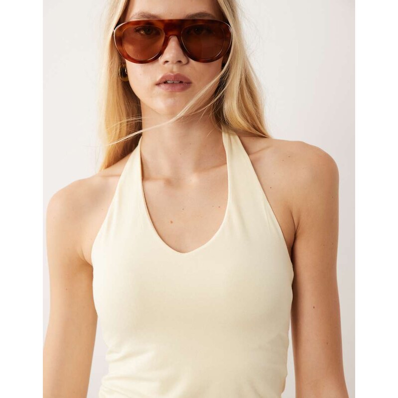Cotton On all day v neck halter top in vanilla-Yellow 115561184