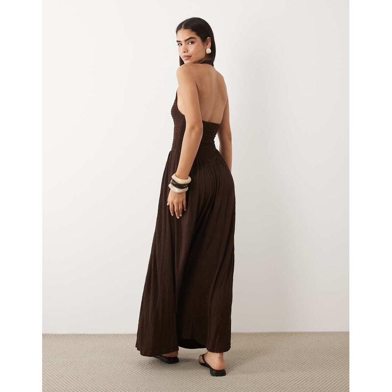 ASOS DESIGN crinkle halter neck midi dress in chocolate-Brown