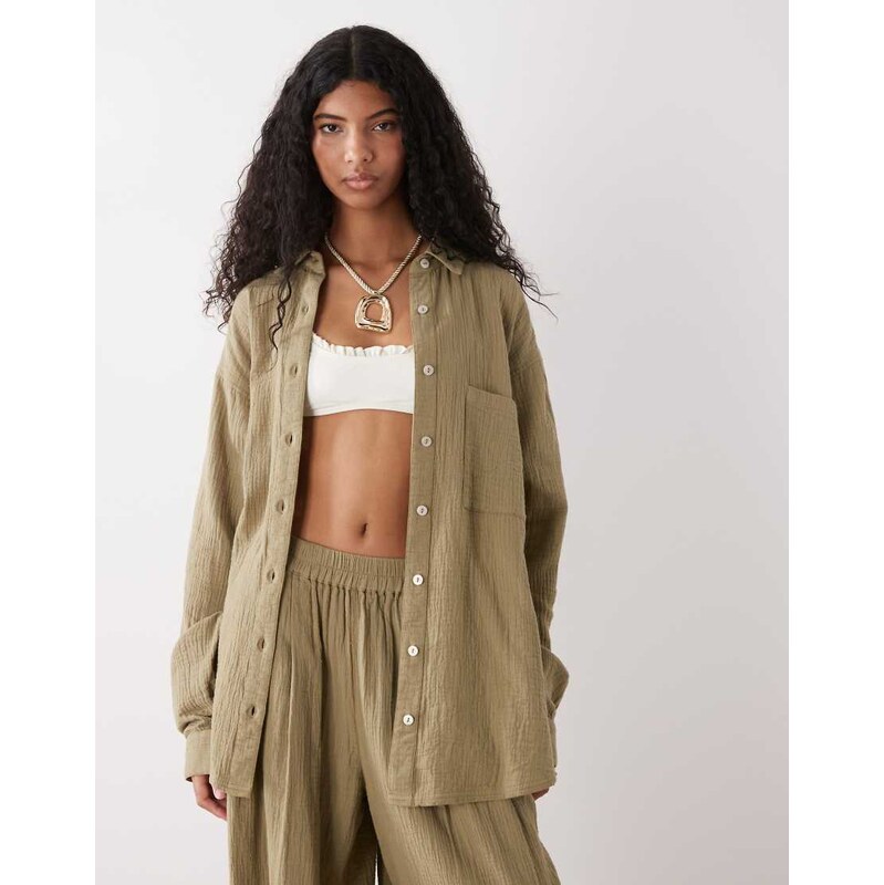 COLLUSION cheesecloth oversized long sleeve beach shirt in khaki-Green 115561076