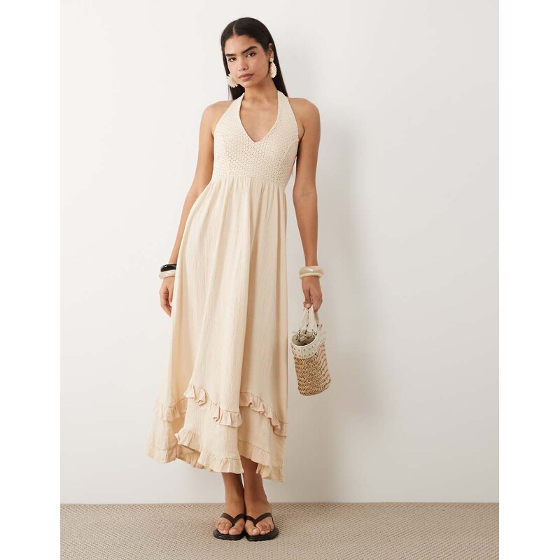ASOS DESIGN crochet halter midi dress in neutral