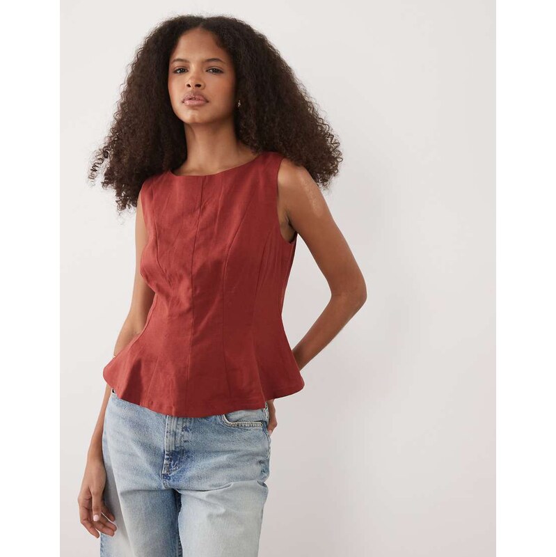 New Look linen rich cinched waist top in rust-Brown 115561165
