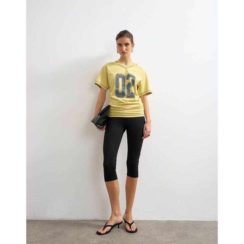 Topshop micro v-neck ruched side graphic tee in yellow