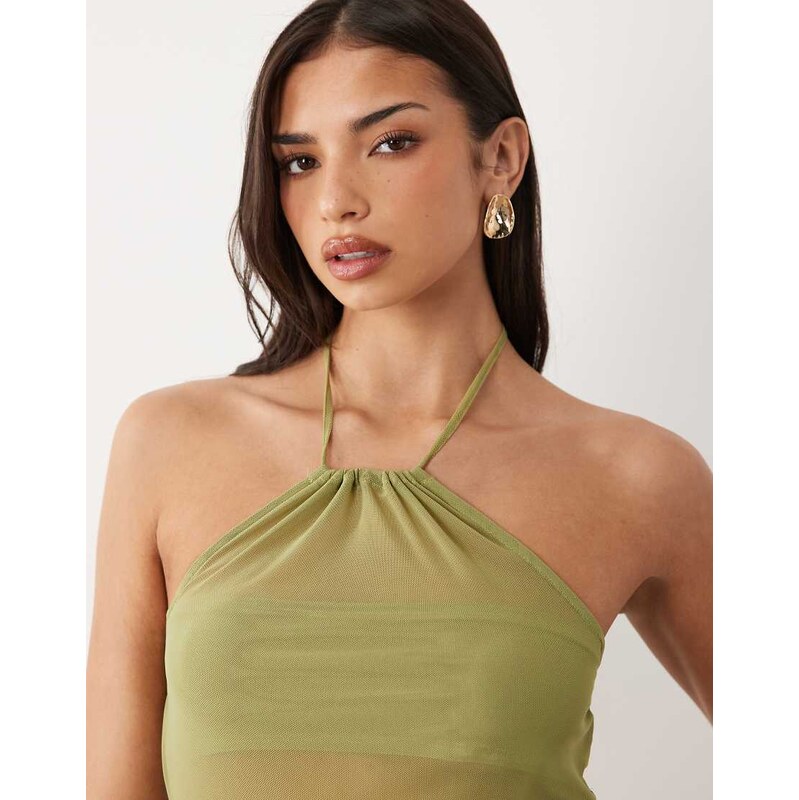ASOS DESIGN co-ord mesh halter neck top in olive-Green
