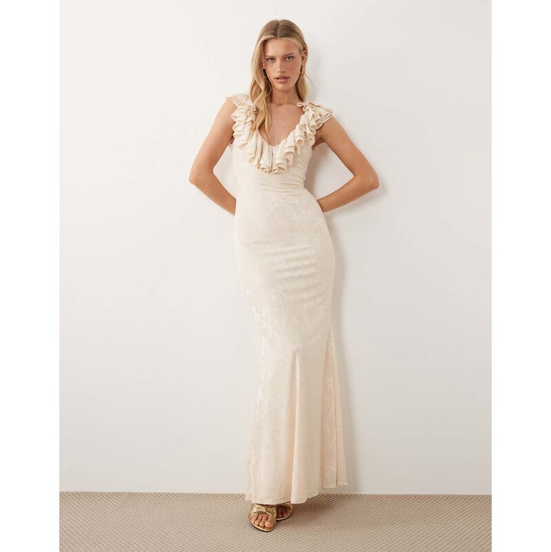 ASOS DESIGN burnout devore frill soft v neck maxi with godets in