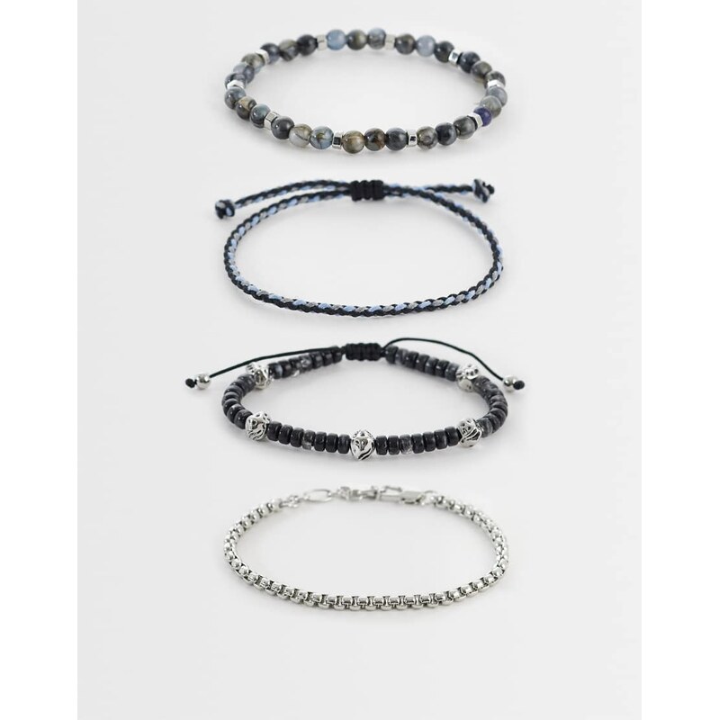 ASOS DESIGN 4 pack beaded and chipping stone bracelet in multi-Black 115561323