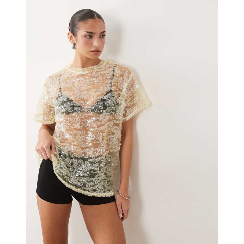 ASOS DESIGN sheer sequin oversized t-shirt in yellow