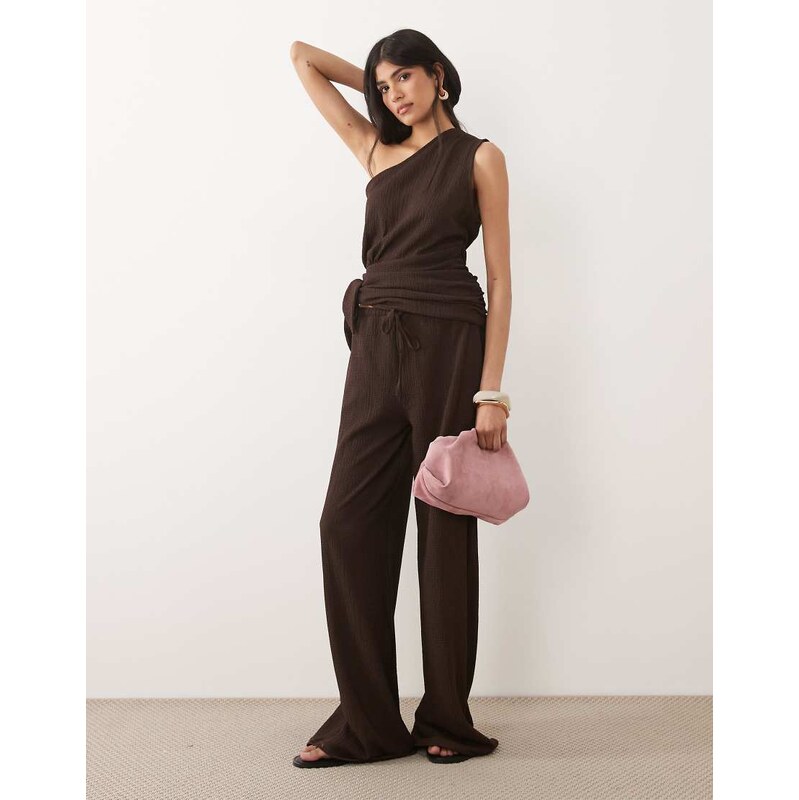 ASOS DESIGN co-ord textured wide leg trousers in brown