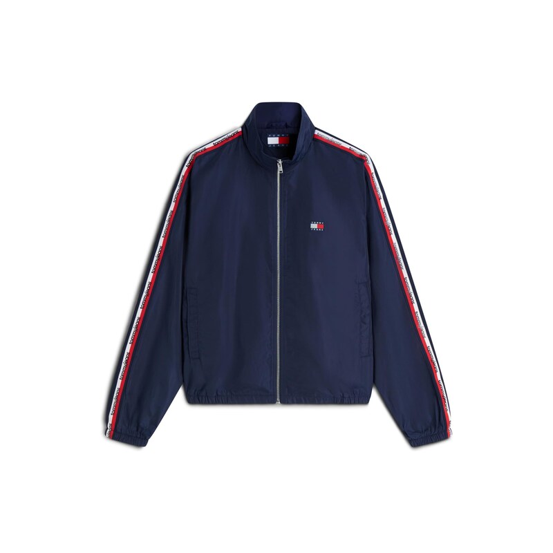 Tommy Jeans Přechodná bunda 'Global Stripe Tape Zip-thru' námořnická modř / červená / bílá