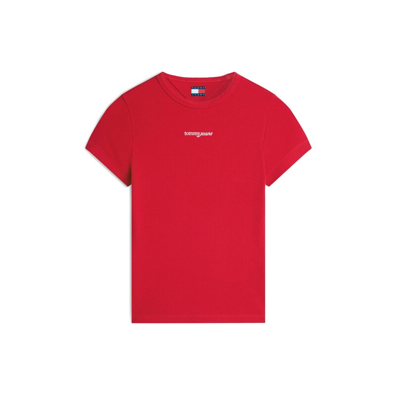 Tommy Jeans Tričko 'Logo Slim' krémová / krvavě červená