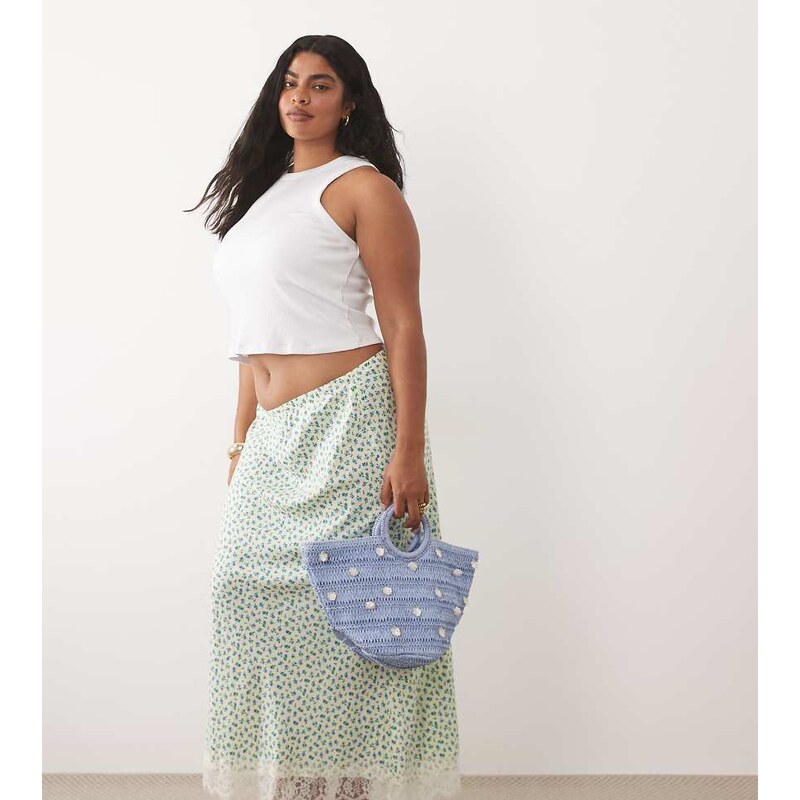 New Look Plus New Look Curve ditsy bias midi skirt in green