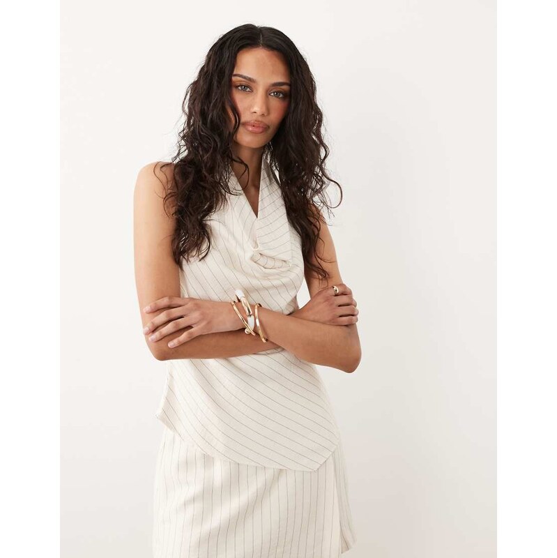 New Look co-ord stripe halter cowl neck top in cream-White