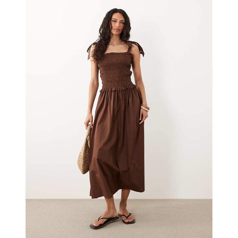 New Look shirred tie strap midi dress in brown