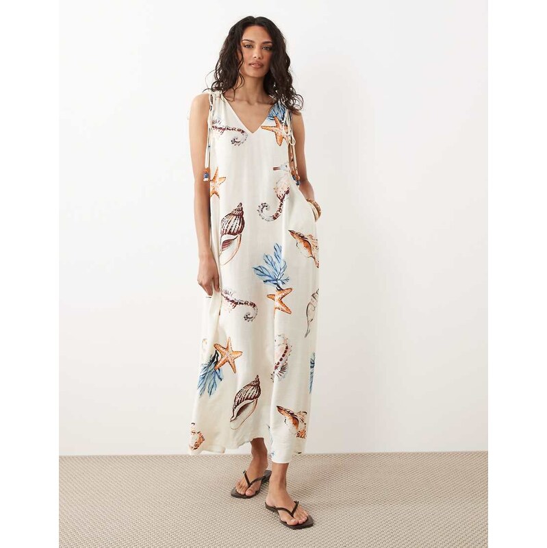 New Look shell print beaded smock maxi dress in cream-White
