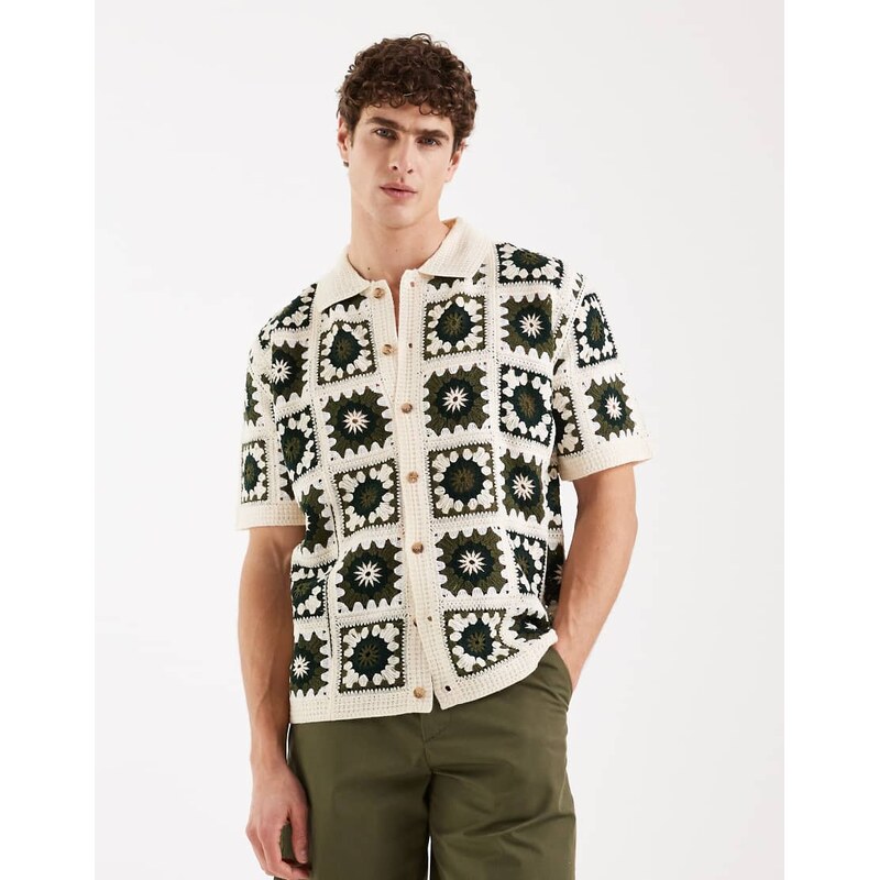 Redefined Rebel Fabian boxy fit short sleeve crochet shirt in