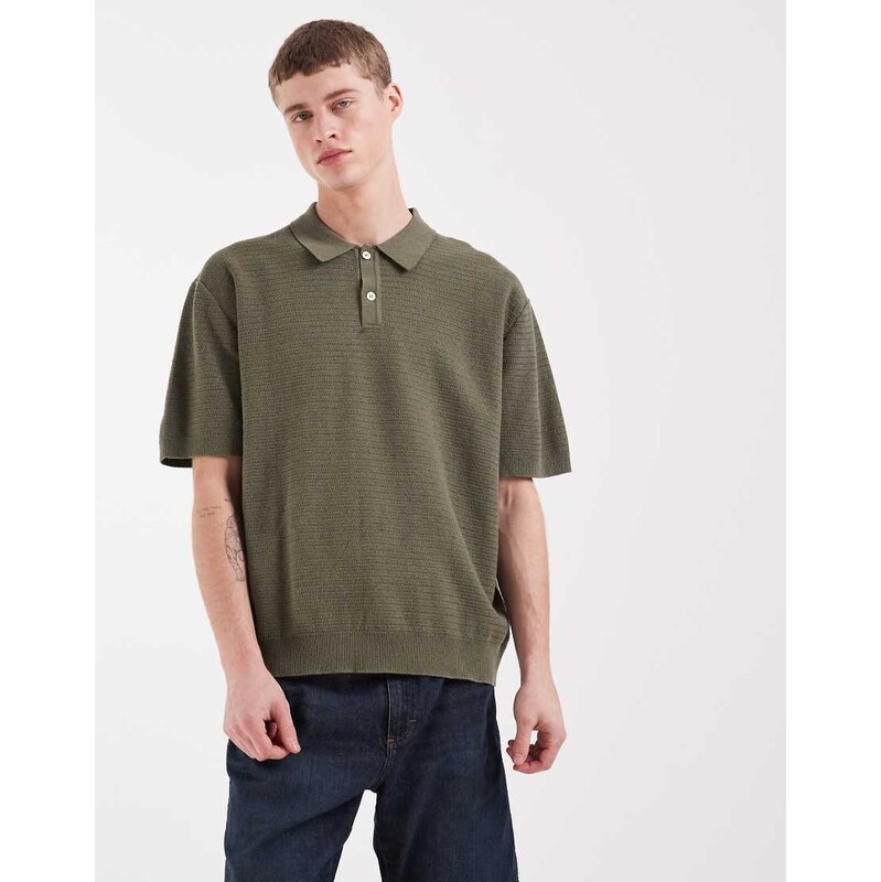 Redefined Rebel Izan boxy fit short sleeve knit polo in olive