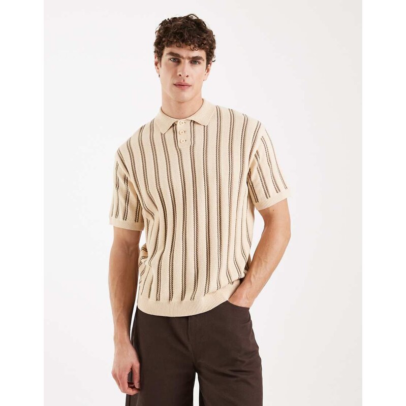 Redefined Rebel Pau boxy fit short sleeve stripe polo in ecru