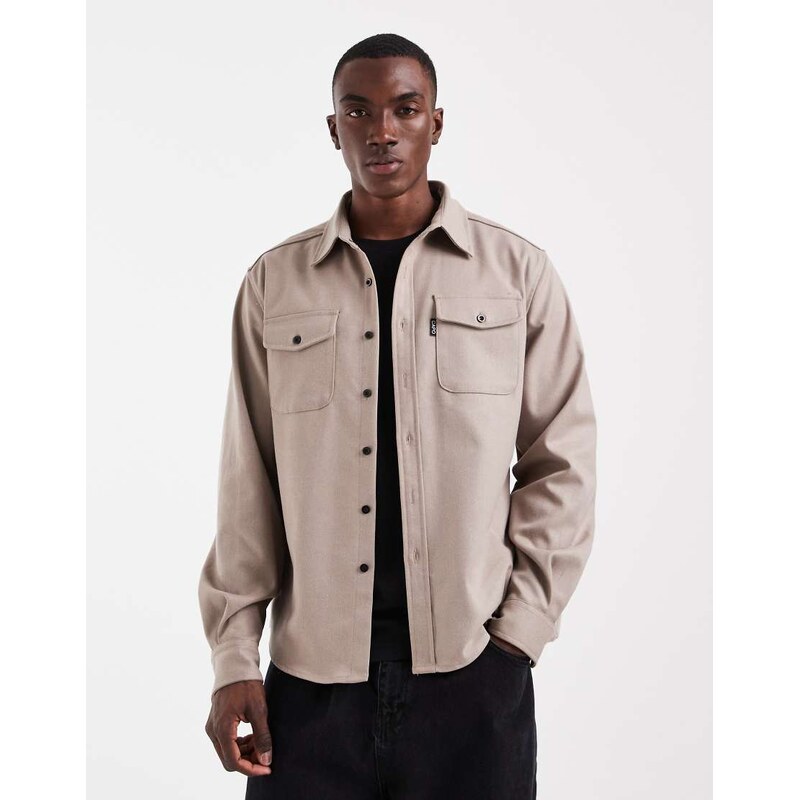 CAPO button through long sleeve overshirt in stone-Neutral