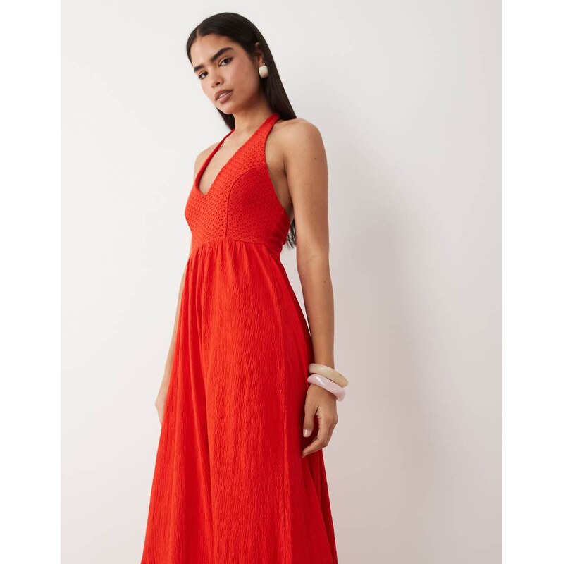 ASOS DESIGN crochet halter tiered midi dress in red