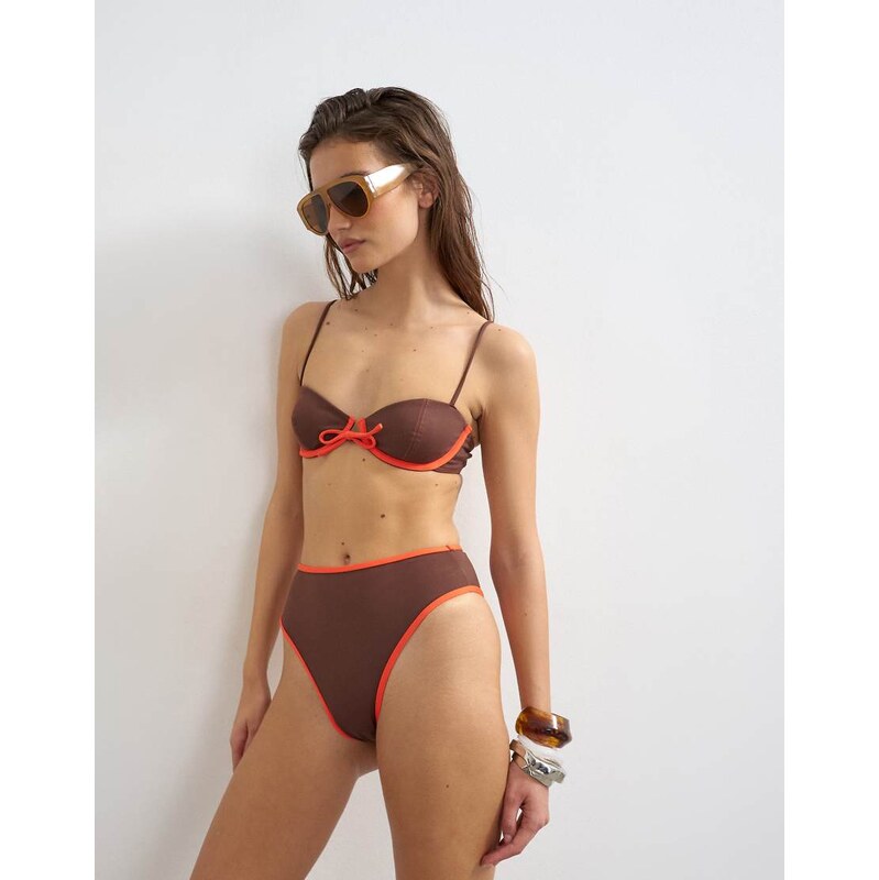 Topshop Ibiza underwire bikini top in chocolate and orange-Brown