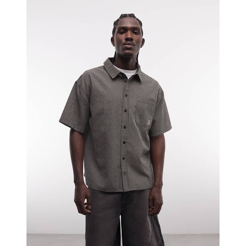 Liquor N Poker boxy micro check shirt in black & brown-Multi