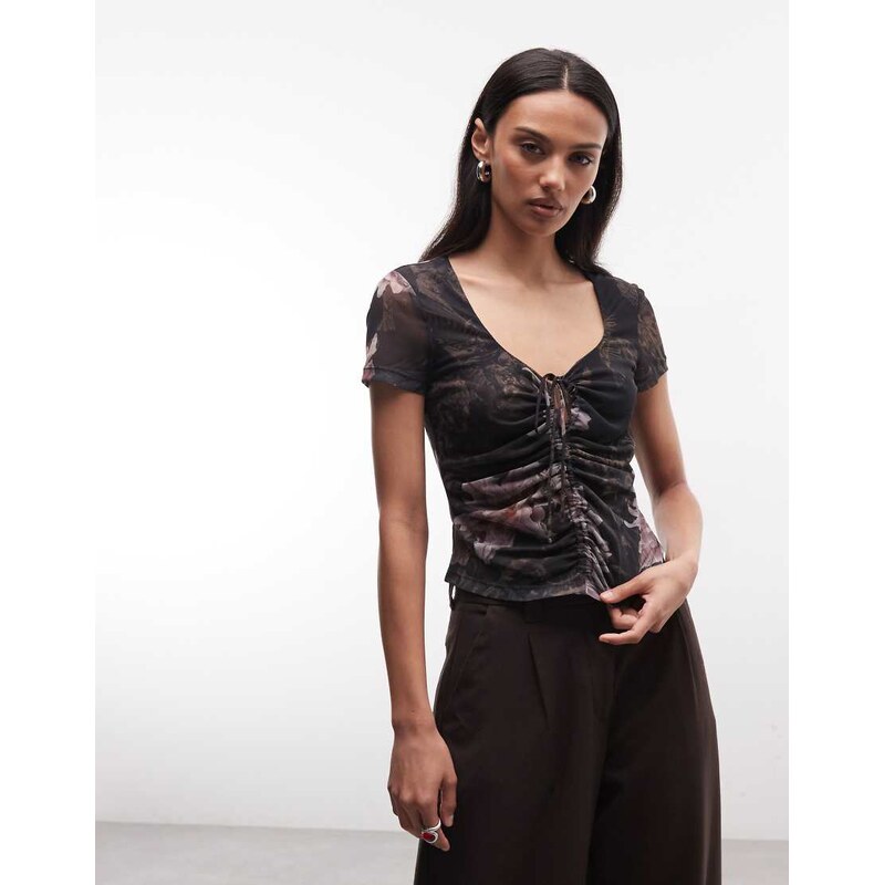 AllSaints Gabby short sleeve ruched tie up floral mesh top in