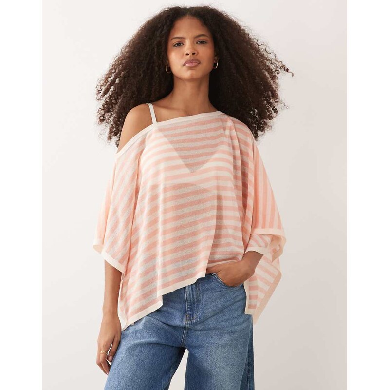ASOS DESIGN fine knit sheer poncho in peach stripe-Multi