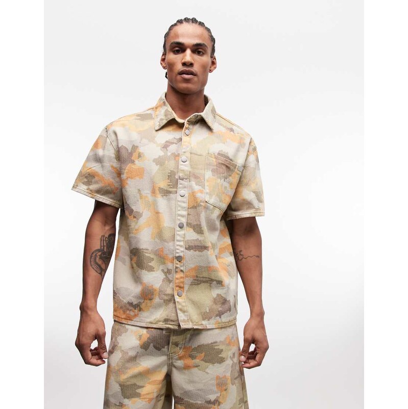 Liquor N Poker boxy denim shirt co-ord in pixel camo-Multi