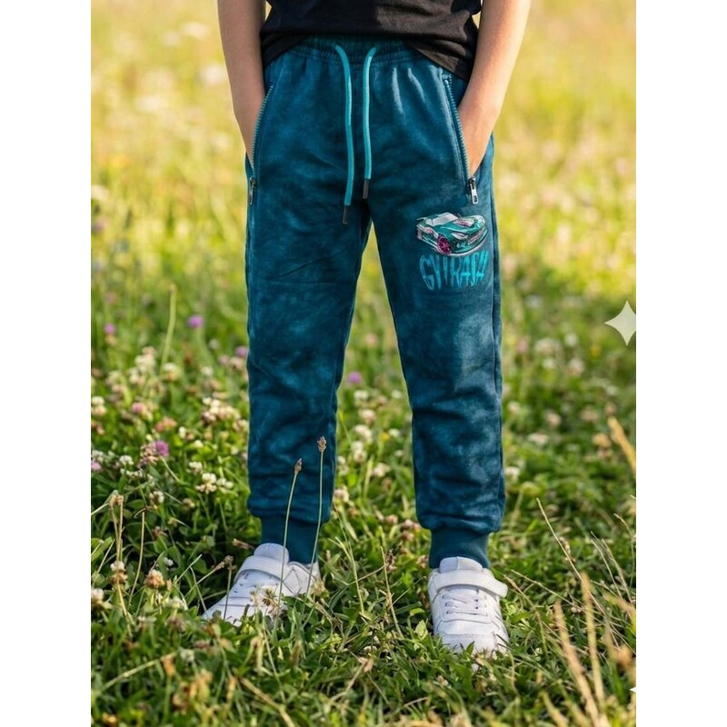 Trendy chlapecké tepláky Kugo ZT8836 petrolejové s autem, vel.