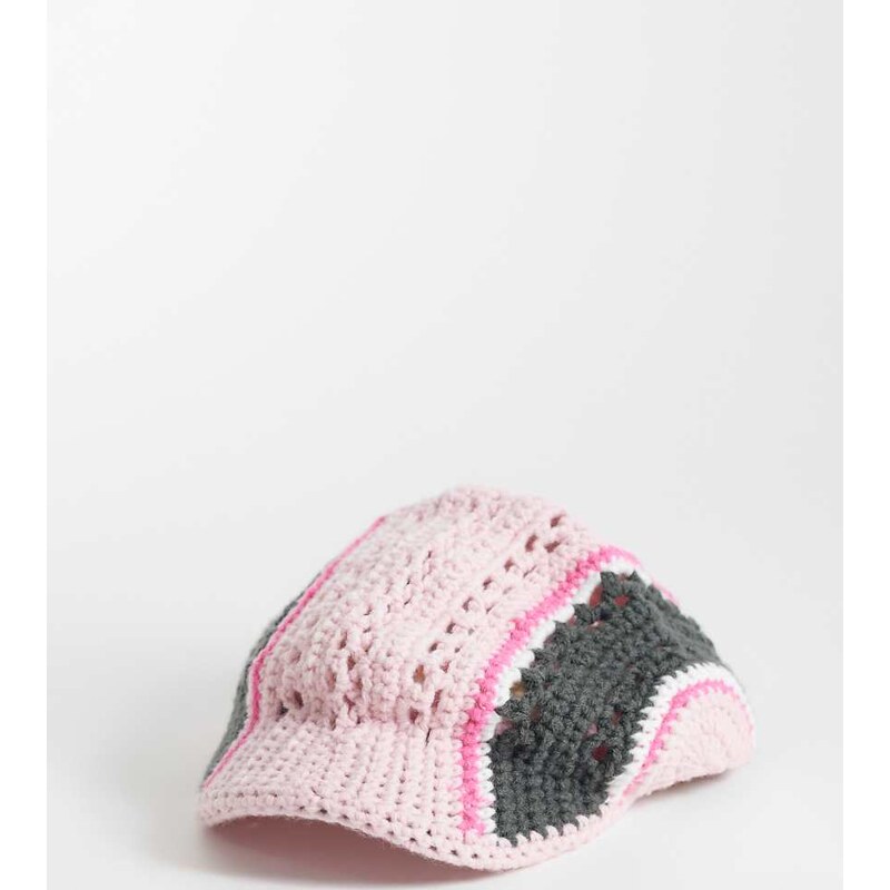 COLLUSION crochet stripe flat cap in pink