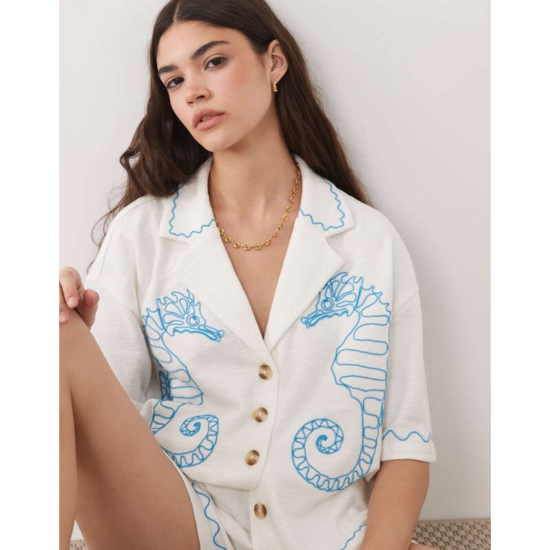 ASOS DESIGN textured jersey revere shirt co-ord with seahorse 115740738