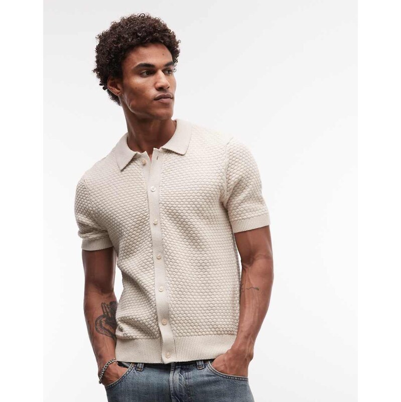 Capo jacquard button up polo shirt in stone-Neutral