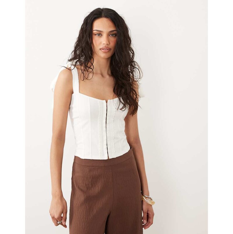 Miss Selfridge tie shoulder corset top in cream-White