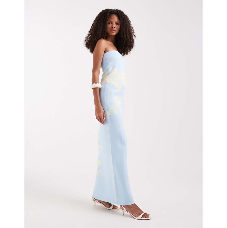 Pretty Lavish compact knit bandeau maxi dress in blue and yellow
