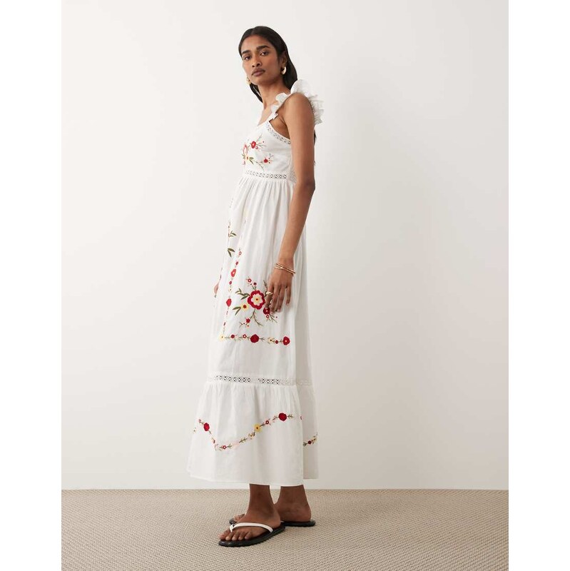 Miss Selfridge lace insert embroidered maxi dress in white