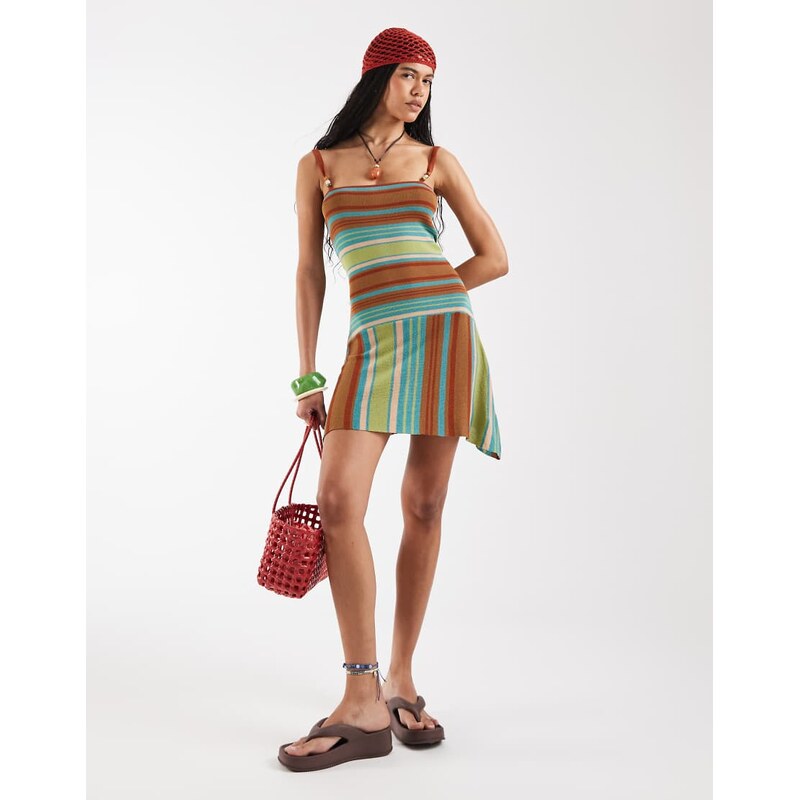 Reclaimed Vintage knitted stripe mini dress with bead details in multi 115691698
