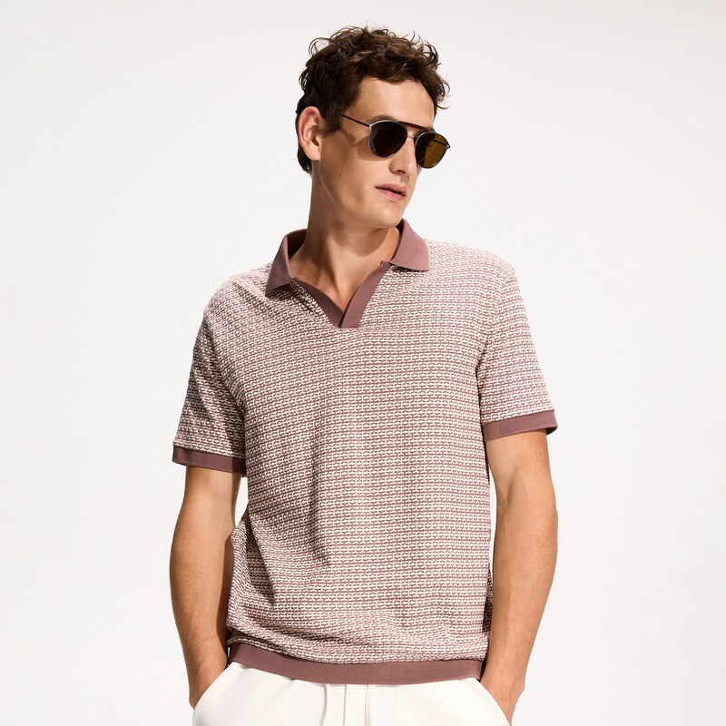 Reserved - Strukturované polo regular fit - pudrově růžová