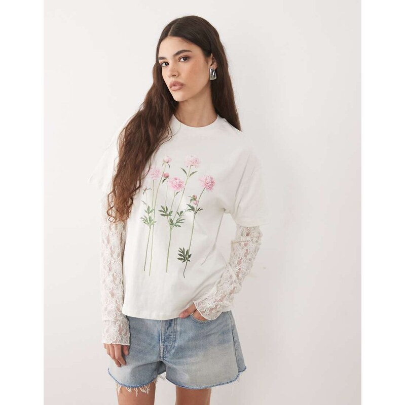 Miss Selfridge oversized t-shirt with lace sleeve and flower