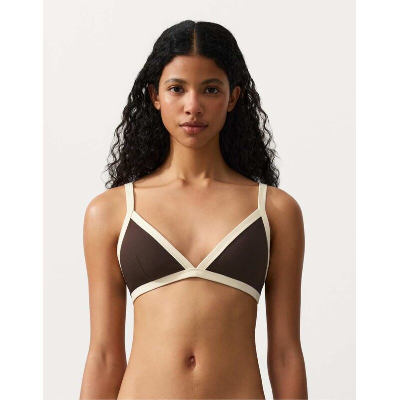 OYSHO Contrast trim triangle bikini top in brown 115585166