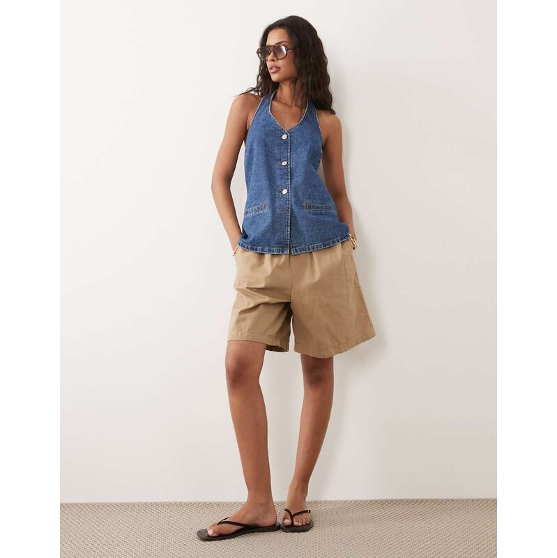 New Look halterneck denim waistcoat in mid blue