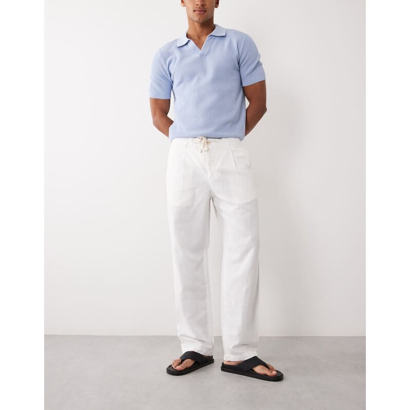 Mango linen blend straight leg draw string trousers in white
