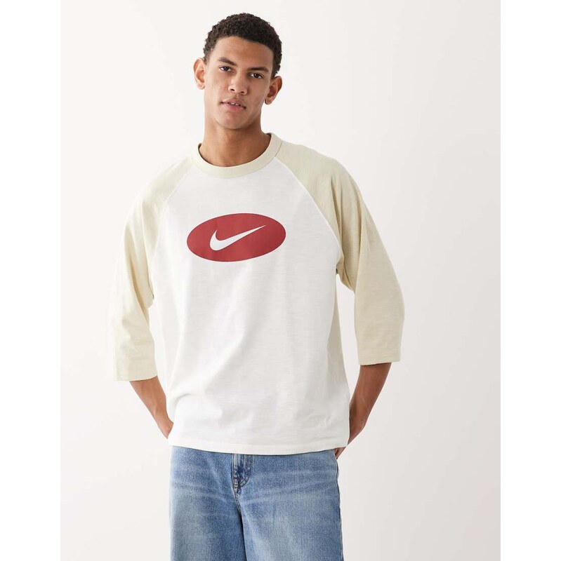Nike Club central logo 3/4 raglan sleeve off white and beige