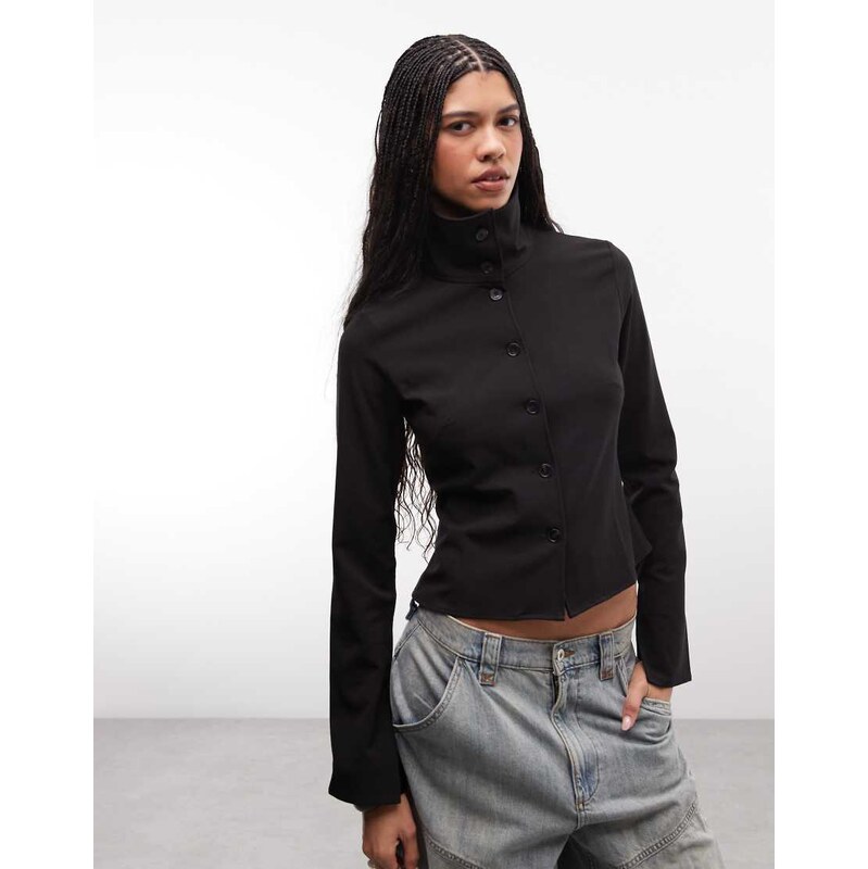 Weekday funnel neck slim fit shirt in black