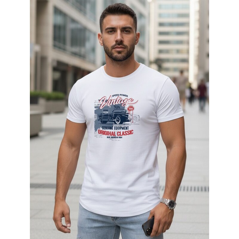 Dstreet Bílé pánské tričko s potiskem VINTAGE CAR