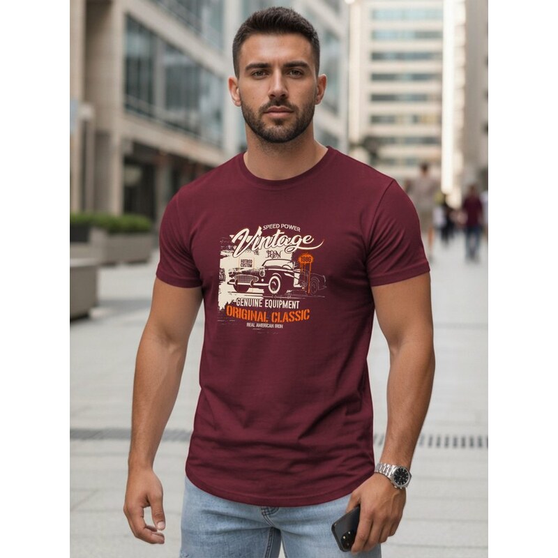 Dstreet Pánské vínové tričko s potiskem VINTAGE CAR