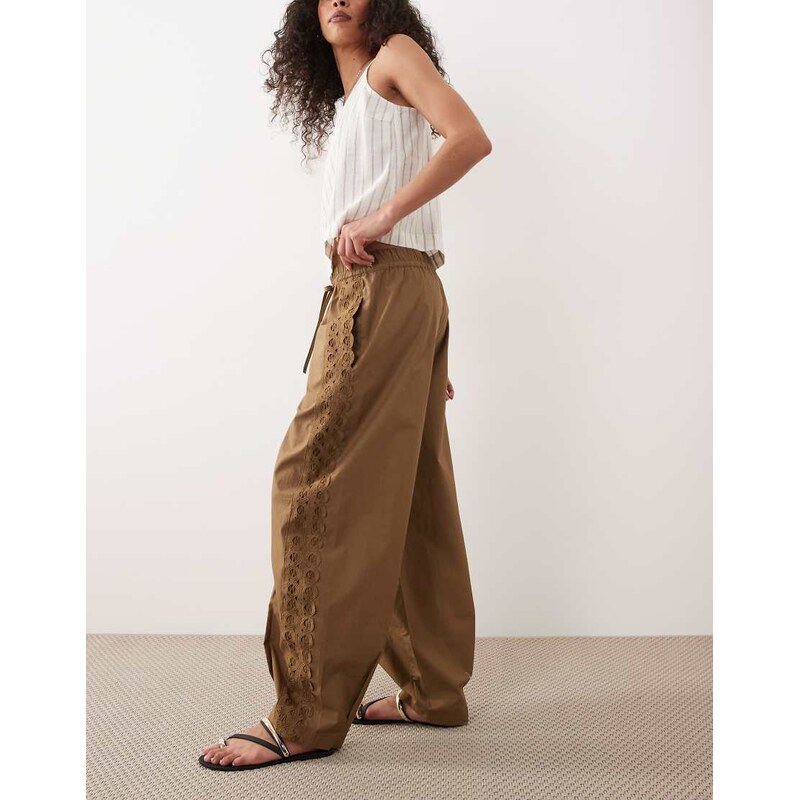 Mango barrel leg embroidered detail trouser in brown-Green